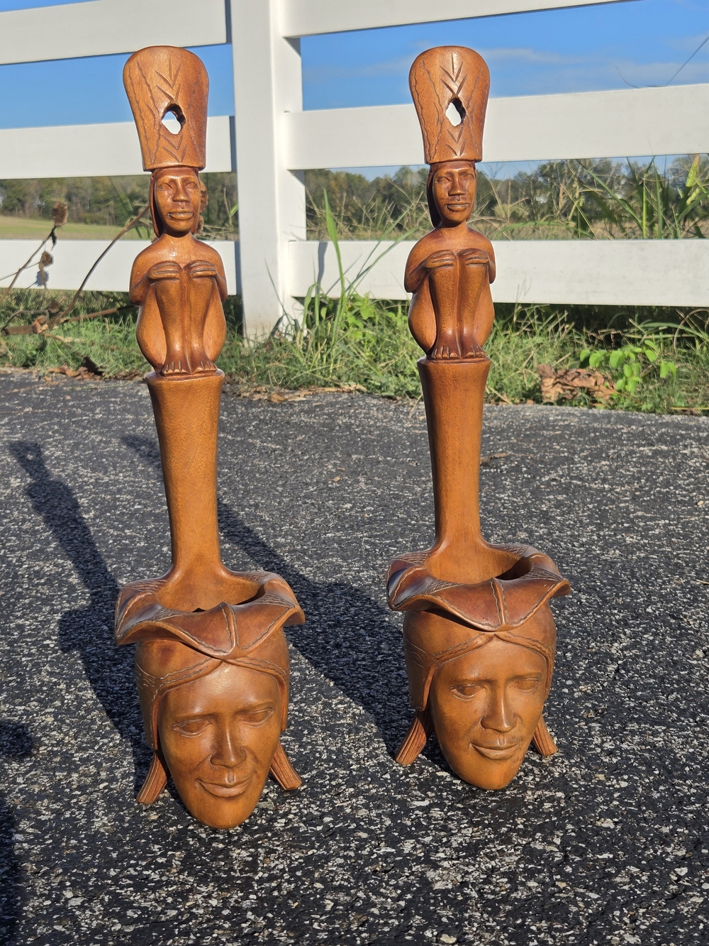 Pair Of Vintage Hand Carved Wood Water Dippers Offering Bowl Tribal Planters-19”